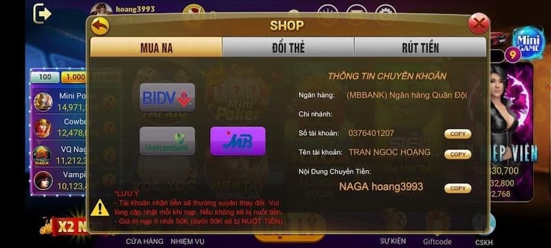 nạp tiền qua ngân hàng phổ biến 

