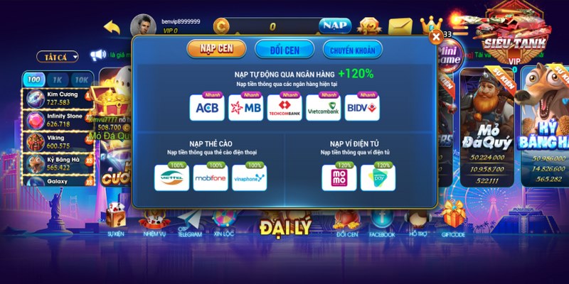 Ben Vip cung cấp nhiều kênh nạp tiền 